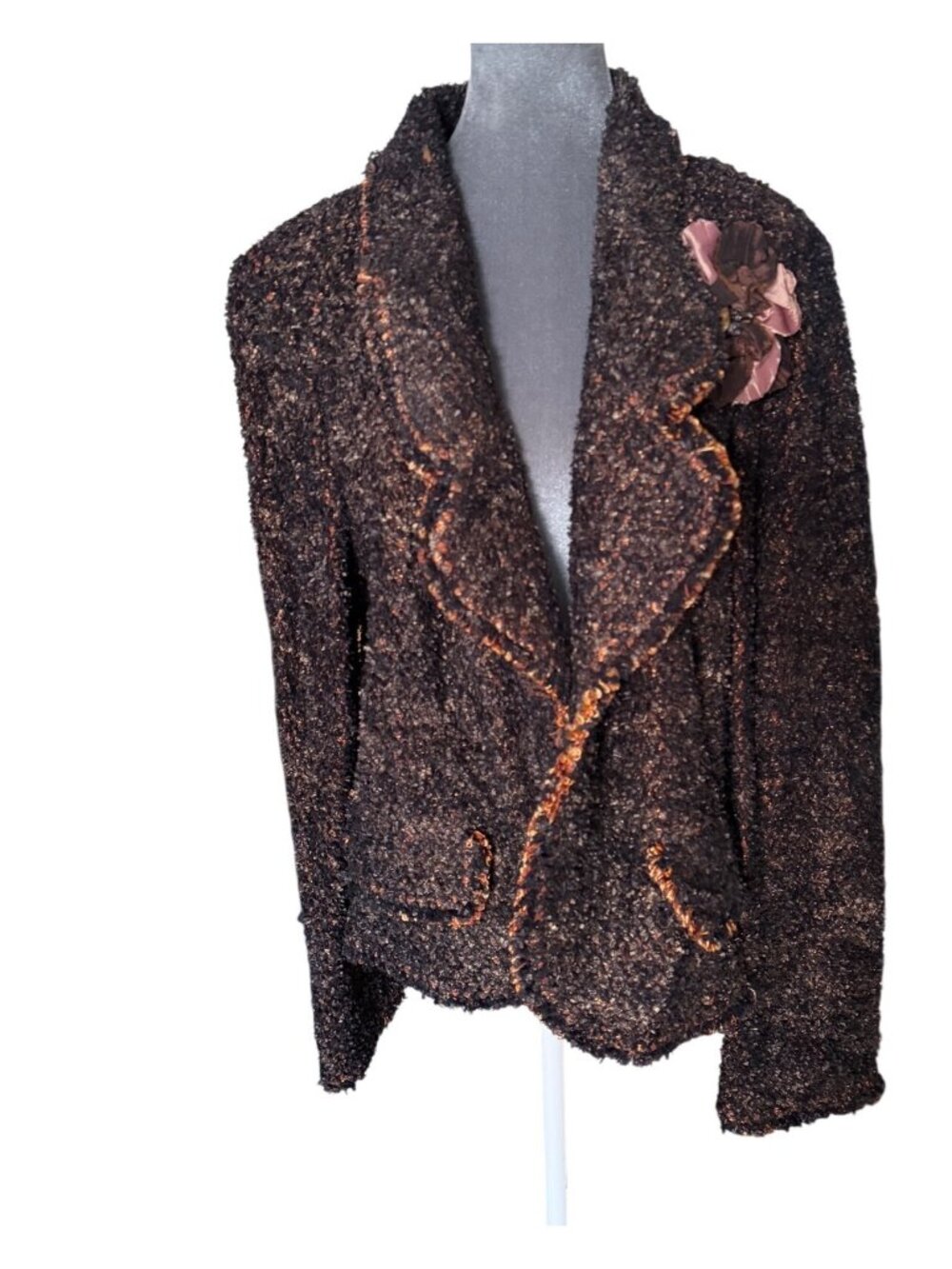 St. John Black Orange Boucle Knit Open Front Blazer Jacket Size 16 Made In USA